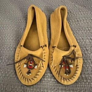 Minnetonka Tan Moccasins with Beaded Design